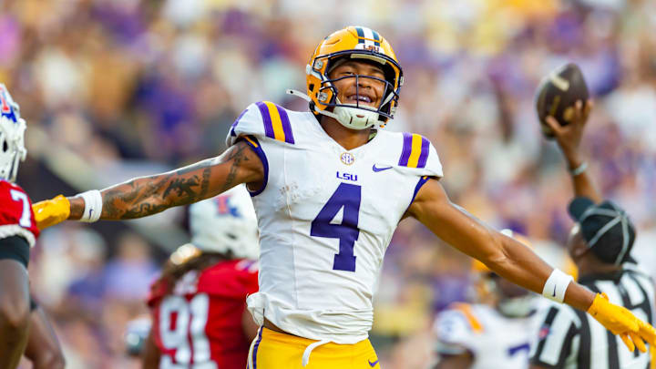 Reveiver Nick Anderson 4 celebrates after scoring a touchdown as the LSU Tigers take on the Louisiana Tech. Sept 6, 2025; Baton Rouge, Louisiana, USA; at Tiger Stadium.