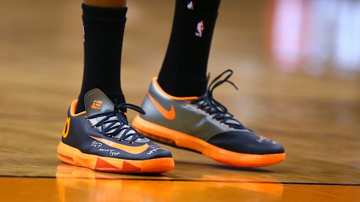 Mar 6, 2014; Phoenix, AZ, USA; Detailed view of the Nike shoes of Oklahoma City Thunder forward Kevin Durant (35) against the Phoenix Suns at the US Airways Center. Mandatory Credit: Mark J. Rebilas-Imagn Images