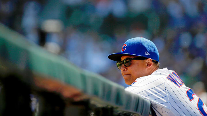 Aug 4, 2019; Chicago, IL, USA; Chicago Cubs first base coach Will Venable (25) leans on the railing of the dugout while watching the game against the Milwaukee Brewers at Wrigley Field. The Chicago Cubs won 7-2. Aug 4, 2019; Chicago, IL, USA; Chicago Cubs first base coach Will Venable (25) leans on the railing of the dugout while watching the game against the Milwaukee Brewers at Wrigley Field. The Chicago Cubs won 7-2.