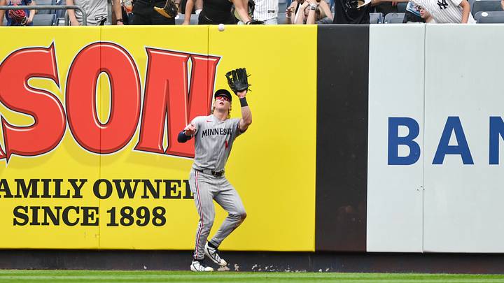 Jul 5, 2026; Bronx, New York, USA; Minnesota Twins outfielder Luke Keaschall (15) catches a fly ball hit by New York Yankees shortstop Max Schuemann (not pictured) during the fifth inning at Yankee Stadium. Mandatory Credit: John Jones-Imagn Images Jul 5, 2026; Bronx, New York, USA; Minnesota Twins outfielder Luke Keaschall (15) catches a fly ball hit by New York Yankees shortstop Max Schuemann (not pictured) during the fifth inning at Yankee Stadium. Mandatory Credit: John Jones-Imagn Images