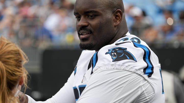 Aug 12, 2023; Charlotte, North Carolina, USA; Carolina Panthers offensive tackle Taylor Moton (72) during the second half against the New York Jets at Bank of America Stadium.
