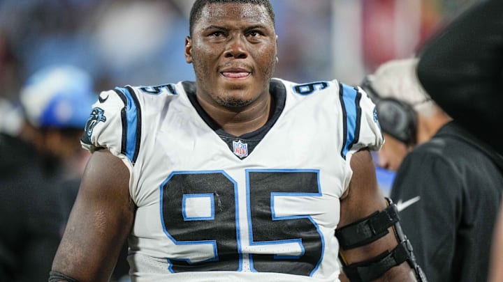 Oct 9, 2022; Charlotte, North Carolina, USA; Carolina Panthers defensive tackle Derrick Brown (95) reacts to the final seconds of the game against the San Francisco 49ers at Bank of America Stadium. 