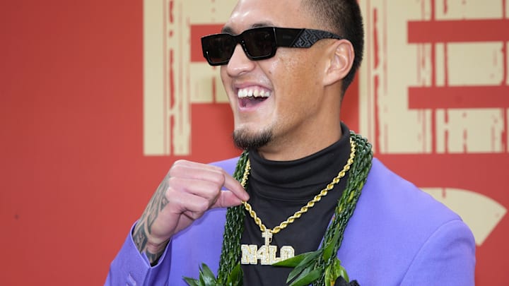 Apr 24, 2025; Green Bay, WI, USA; Arizona Wildcats wide receiver Tetairoa McMillan on the red carpet before the 2025 NFL Draft at Lambeau Field. 