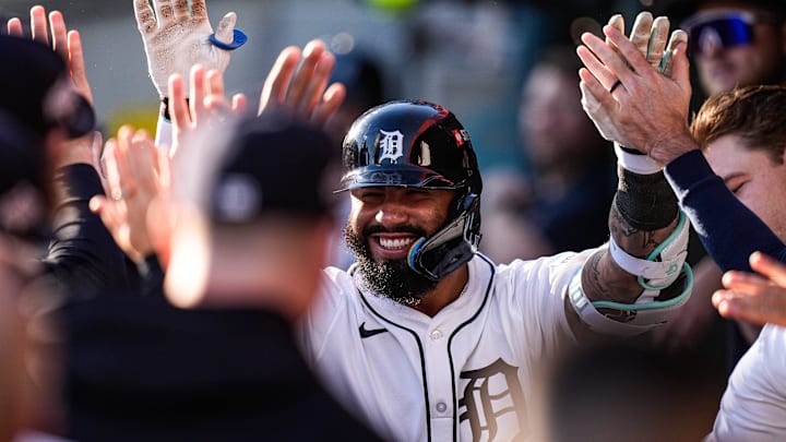 Tigers second baseman Gleyber Torres celebrates batting a solo home run against Mariners during the 7th inning of Game 4 of ALDS at Comerica Park in Detroit on Wednesday, Oct. 8, 2025. Tigers second baseman Gleyber Torres celebrates batting a solo home run against Mariners during the 7th inning of Game 4 of ALDS at Comerica Park in Detroit on Wednesday, Oct. 8, 2025.
