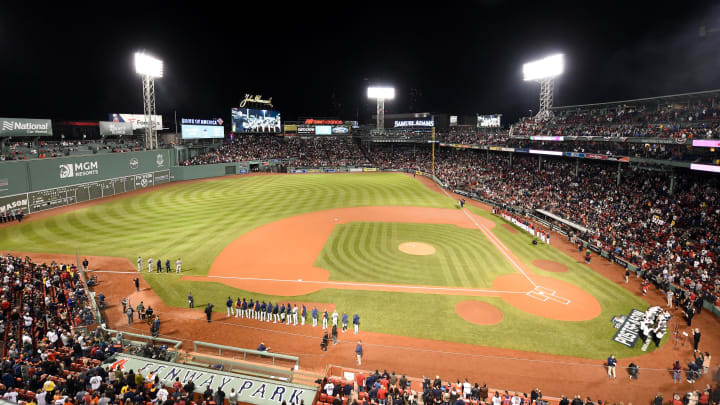 Oct 19, 2021; Boston, Massachusetts, USA; A general view of Fenway Park during the National Anthem before game four of the 2021 ALCS between the Houston Astros and the Boston Red Sox. Mandatory Credit: Bob DeChiara-USA TODAY Sports