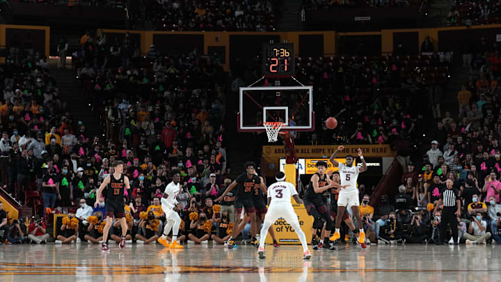 Feb 3, 2022; Tempe, Arizona, USA; A general view of action between the Arizona State Sun Devils and the USC Trojans during the first half at Desert Financial Arena. Mandatory Credit: Joe Camporeale-Imagn Images Feb 3, 2022; Tempe, Arizona, USA; A general view of action between the Arizona State Sun Devils and the USC Trojans during the first half at Desert Financial Arena. Mandatory Credit: Joe Camporeale-Imagn Images