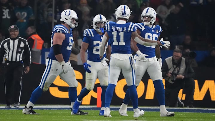 Nov 9, 2025; Berlin, Germany; Indianapolis Colts running back Jonathan Taylor (28) reacts with teammates against the Atlanta Falcons during the NFL Berlin Game at Olympic Stadium. 
