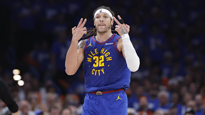 Denver Nuggets forward Aaron Gordon gestures after scoring against the Oklahoma City Thunder.