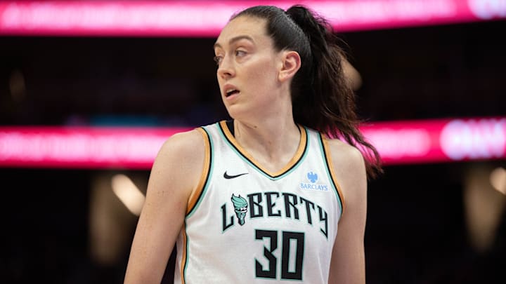 Jun 25, 2025; San Francisco, California, USA; New York Liberty forward Breanna Stewart (30) awaits the resumption of play against the Golden State Valkyries during the fourth quarter at Chase Center. Mandatory Credit: D. Ross Cameron-Imagn Images