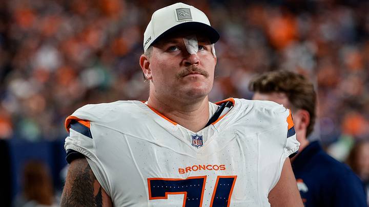Aug 21, 2026; Denver, Colorado, USA; Denver Broncos guard Calvin Throckmorton (76) in the fourth quarter against the Green Bay Packers at Empower Field at Mile High. Aug 21, 2026; Denver, Colorado, USA; Denver Broncos guard Calvin Throckmorton (76) in the fourth quarter against the Green Bay Packers at Empower Field at Mile High.