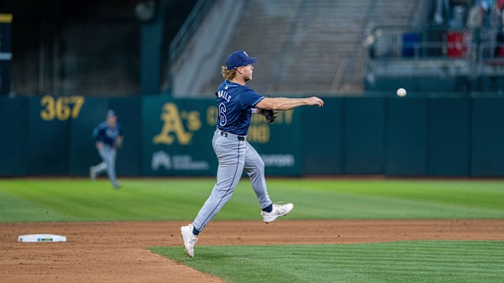 Aug 20, 2024; Oakland, California, USA; Tampa Bay Rays shortstop Taylor Walls (6) throws out Oakland Athletics designated hitter Brent Rooker (not pictured) during the sixth inning at Oakland-Alameda County Coliseum. Aug 20, 2024; Oakland, California, USA; Tampa Bay Rays shortstop Taylor Walls (6) throws out Oakland Athletics designated hitter Brent Rooker (not pictured) during the sixth inning at Oakland-Alameda County Coliseum.