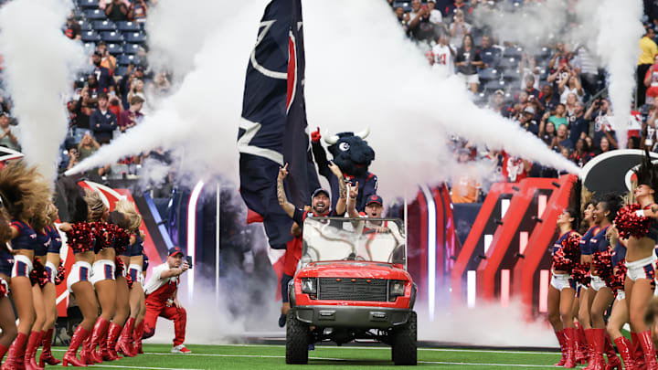 Nov 5, 2023; Houston, Texas, USA;  The Houston Texans mascot    TORO    and players are introduced before playing against the Tampa Bay Buccaneers at NRG Stadium. 