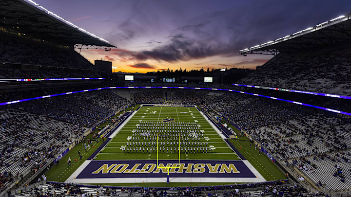 Sep 24, 2022; Seattle, Washington, USA; General view of Alaska Airlines Field at Husky Stadium as the Husky Marching Band performs before a game between the Stanford Cardinal and Washington Huskies. Mandatory Credit: Joe Nicholson-USA TODAY Sports