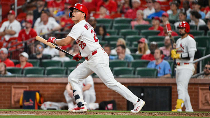 Apr 14, 2026; St. Louis, Missouri, USA; St. Louis Cardinals second baseman JJ Wetherholt (26) hits a two run home run for his second home run of the game against the Cleveland Guardians during the eighth inning at Busch Stadium. Mandatory Credit: Jeff Curry-Imagn Images