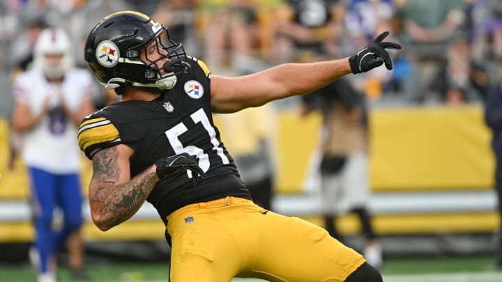 Aug 17, 2024; Pittsburgh, Pennsylvania, USA; Pittsburgh Steelers linebacker Nick Herbig (51) celebrates after sacking Buffalo Bills quarterback Mitchell Trubisky (11) during the first quarter at Acrisure Stadium. Mandatory Credit: Barry Reeger-USA TODAY Sports Aug 17, 2024; Pittsburgh, Pennsylvania, USA; Pittsburgh Steelers linebacker Nick Herbig (51) celebrates after sacking Buffalo Bills quarterback Mitchell Trubisky (11) during the first quarter at Acrisure Stadium. Mandatory Credit: Barry Reeger-USA TODAY Sports