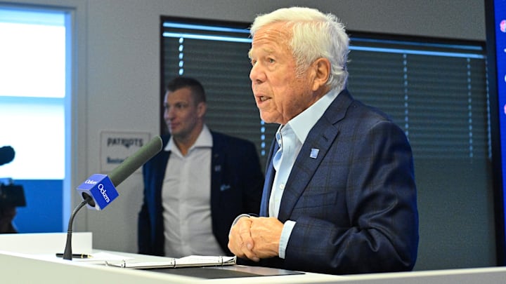 Nov 12, 2025; Foxborough, MA, USA; New England Patriots owner Robert Kraft speaks during a press conference where former player Rob Gronkowski signed a one day ceremonial contract at Gillette Stadium. Mandatory Credit: Eric Canha-Imagn Images