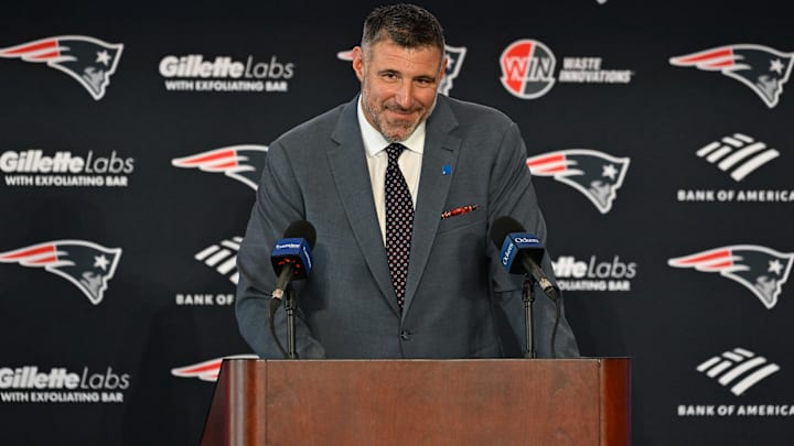 Mike Vrabel addresses media at a press conference to announce his hiring as the New England Patriots head coach at Gillette Stadium. 
