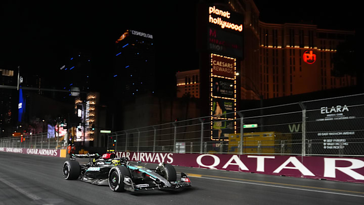 Nov 22, 2024; Las Vegas, Nevada, USA; Mercedes AMG Petronas F1 Team driver Lewis Hamilton of Great Britain (44) drives during practice for the Formula 1 Heineken Silver Las Vegas Grand Prix 2024 at the Las Vegas Circuit. Mandatory Credit: Lucas Peltier-Imagn Images