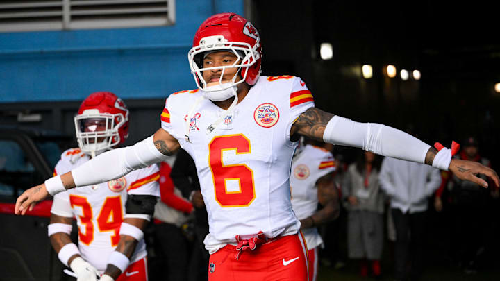 Dec 21, 2025; Nashville, Tennessee, USA;  Kansas City Chiefs safety Bryan Cook (6) runs to the field against the Tennessee Titans during pre-game warmups at Nissan Stadium. Mandatory Credit: Steve Roberts-Imagn Images