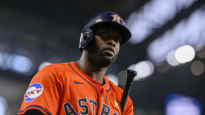 Sep 7, 2025; Arlington, Texas, USA; Houston Astros left fielder Yordan Alvarez (44) walks to the on-deck circle during the game between the Texas Rangers and the Houston Astros at Globe Life Field.