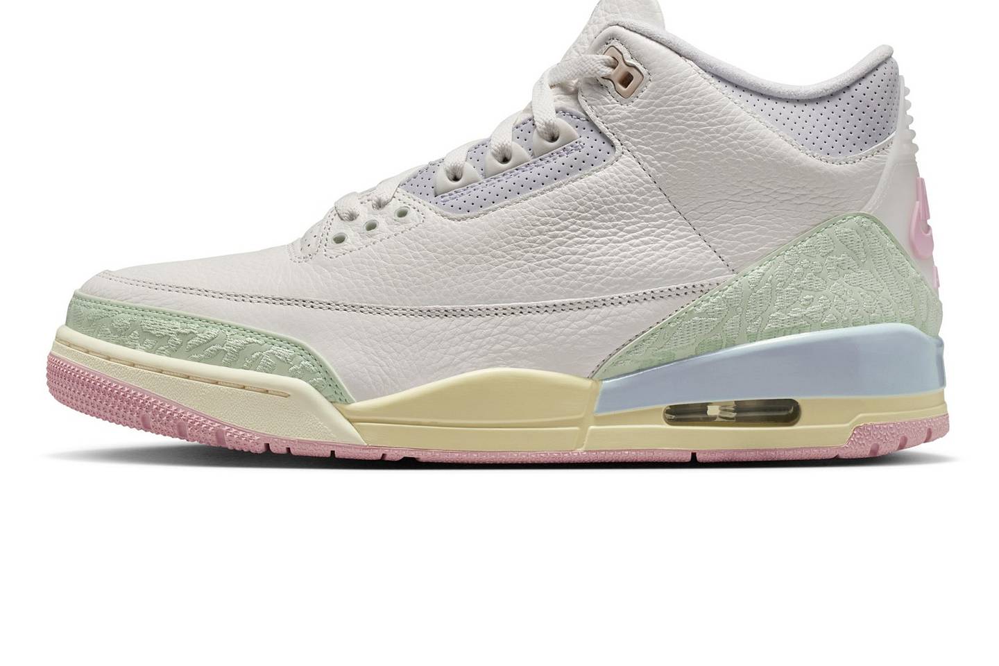 Air Jordan 3 Spring Is In The Air lateral view showing Sail leather upper and Jade Aura elephant print overlays