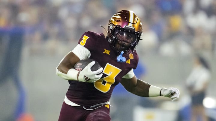 Oct 5, 2024; Tempe, Arizona, USA; Arizona State Sun Devils running back Raleek Brown (3) against the Kansas Jayhawks at Mountain America Stadium. Mandatory Credit: Mark J. Rebilas-Imagn Images Oct 5, 2024; Tempe, Arizona, USA; Arizona State Sun Devils running back Raleek Brown (3) against the Kansas Jayhawks at Mountain America Stadium. Mandatory Credit: Mark J. Rebilas-Imagn Images