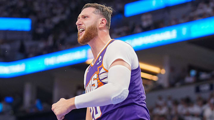 Apr 23, 2024; Minneapolis, Minnesota, USA; Phoenix Suns center Jusuf Nurkic (20) celebrates his basket against the Minnesota Timberwolves in the second quarter during game two of the first round for the 2024 NBA playoffs at Target Center. Mandatory Credit: Brad Rempel-USA TODAY Sports