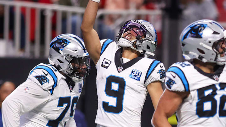 Jan 5, 2025; Atlanta, Georgia, USA; Carolina Panthers quarterback Bryce Young (9) celebrates after a touchdown against the Atlanta Falcons in the fourth quarter at Mercedes-Benz Stadium. Mandatory Credit: Brett Davis-Imagn Images