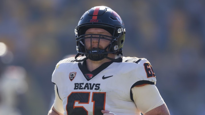 Nov 19, 2022; Tempe, Arizona, USA; Oregon State Beavers offensive lineman Tanner Miller (61) against the Arizona State Sun Devils at Sun Devil Stadium. Mandatory Credit: Mark J. Rebilas-USA TODAY Sports