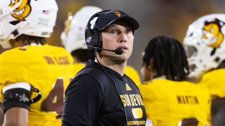 Sep 7, 2024; Tempe, Arizona, USA; Arizona State Sun Devils head coach Kenny Dillingham against the Mississippi State Bulldogs at Mountain America Stadium. Mandatory Credit: Mark J. Rebilas-Imagn Images
