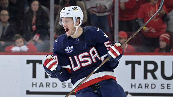 Feb 15, 2025; Montreal, Quebec, CAN; [Imagn Images direct customers only] Team United States forward Jake Guentzel (59) celebrates after scoring an empty net goal against Team Canada in the third period during a 4 Nations Face-Off ice hockey game at the Bell Centre. Mandatory Credit: Eric Bolte-Imagn Images