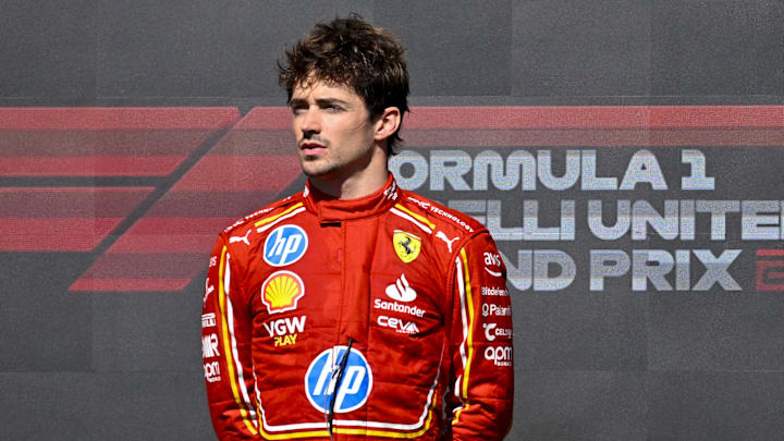 Oct 20, 2024; Austin, Texas, USA; Scuderia Ferrari driver Charles Leclerc (16) of Team Monaco stands on the podium after the 2024 Formula One US Grand Prix at Circuit of the Americas. Mandatory Credit: Jerome Miron-Imagn Images Oct 20, 2024; Austin, Texas, USA; Scuderia Ferrari driver Charles Leclerc (16) of Team Monaco stands on the podium after the 2024 Formula One US Grand Prix at Circuit of the Americas. Mandatory Credit: Jerome Miron-Imagn Images