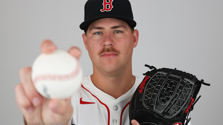 Feb 18, 2025; Lee County, FL, USA; Boston Red Sox pitcher Josh Winckowski (25) participates in media day at JetBlue Park at Fenway South. 