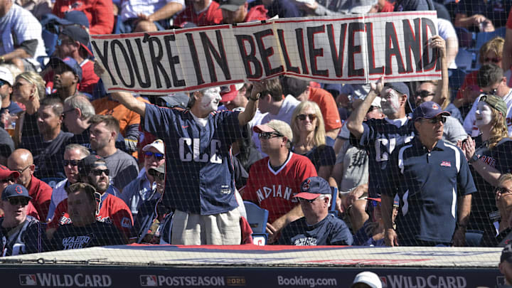 Oct 1, 2025; Cleveland, Ohio, USA; Cleveland Guardians fans hold a banner during game two of the Wildcard round for the 2025 MLB playoffs against the Detroit Tigers at Progressive Field. Mandatory Credit: Ken Blaze-Imagn Images