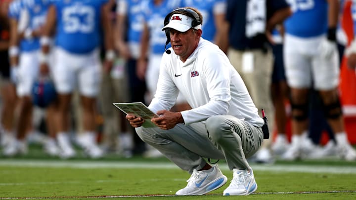 Sep 13, 2025; Oxford, Mississippi, USA; Mississippi Rebels head coach Lane Kiffin looks on during the second quarter against the Arkansas Razorback at Vaught-Hemingway Stadium. Mandatory Credit: Petre Thomas-Imagn Images