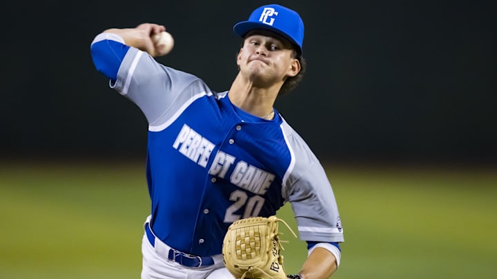 East pitcher Josh Knoth (20) throws during the Perfect Game All-American Classic high school baseball game at Chase Field in Phoenix on Aug. 28, 2022. Mandatory Credit: Mark J. Rebilas-Imagn Images East pitcher Josh Knoth (20) throws during the Perfect Game All-American Classic high school baseball game at Chase Field in Phoenix on Aug. 28, 2022. Mandatory Credit: Mark J. Rebilas-Imagn Images
