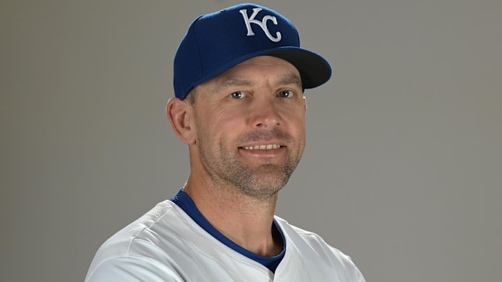 Kansas City Royals assistant pitching coach Zach Bove (84) poses for a photo during media day at Camelback Ranch. 