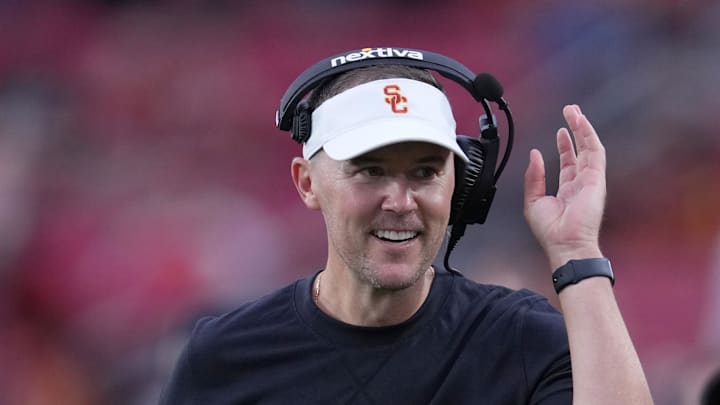 Sep 2, 2023; Los Angeles, California, USA; Southern California Trojans head coach Lincoln Riley reacts against the Nevada Wolf Pack  in the second half at United Airlines Field at Los Angeles Memorial Coliseum. Mandatory Credit: Kirby Lee-Imagn Images