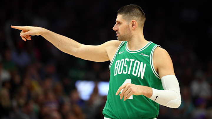 Feb 24, 2026; Phoenix, Arizona, USA; Boston Celtics center Nikola Vucevic (4) reacts against the Phoenix Suns in the first half at Mortgage Matchup Center. Mandatory Credit: Mark J. Rebilas-Imagn Images Feb 24, 2026; Phoenix, Arizona, USA; Boston Celtics center Nikola Vucevic (4) reacts against the Phoenix Suns in the first half at Mortgage Matchup Center. Mandatory Credit: Mark J. Rebilas-Imagn Images