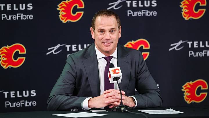 Jan 30, 2025; Calgary, Alberta, CAN; Calgary Flames general manager Craig Conroy during interview after the game against the Anaheim Ducks at Scotiabank Saddledome. Mandatory Credit: Sergei Belski-Imagn Images