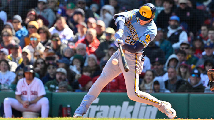 Apr 8, 2026; Boston, Massachusetts, USA; Milwaukee Brewers designated hitter Christian Yelich (22) hits a single against the Boston Red Sox during the third inning at Fenway Park. Mandatory Credit: Eric Canha-Imagn Images Apr 8, 2026; Boston, Massachusetts, USA; Milwaukee Brewers designated hitter Christian Yelich (22) hits a single against the Boston Red Sox during the third inning at Fenway Park. Mandatory Credit: Eric Canha-Imagn Images