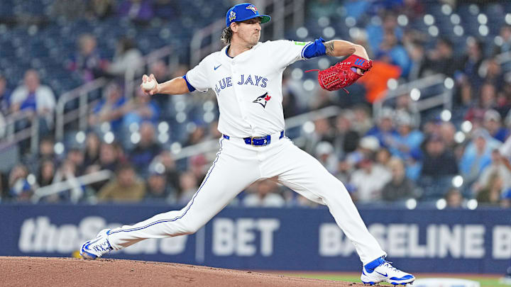 Apr 15, 2025; Toronto, Ontario, CAN; Toronto Blue Jays starting pitcher Kevin Gausman (34) throws a pitch against the Atlanta Braves during the first inning at Rogers Centre.