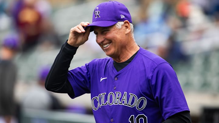 Feb 26, 2024; Salt River Pima-Maricopa, Arizona, USA; Colorado Rockies manager Bud Black against the