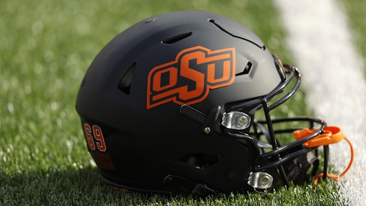 Sep 16, 2023; Stillwater, Oklahoma, USA; An Oklahoma State helmet is seen before an NCAA football game between Oklahoma State and South Alabama at Boone Pickens Stadium. Mandatory Credit: Bryan Terry-Imagn Images
