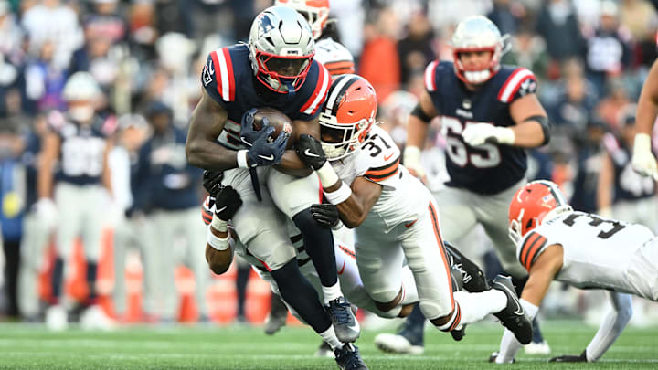Oct 26, 2025; Foxborough, Massachusetts, USA;  New England Patriots running back Terrell Jennings (26) is tackled by Cleveland Browns cornerback Dom Jones (37) during the fourth quarter at Gillette Stadium. Mandatory Credit: Brian Fluharty-Imagn Images Oct 26, 2025; Foxborough, Massachusetts, USA;  New England Patriots running back Terrell Jennings (26) is tackled by Cleveland Browns cornerback Dom Jones (37) during the fourth quarter at Gillette Stadium. Mandatory Credit: Brian Fluharty-Imagn Images
