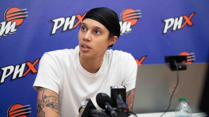 Brittney Griner speaks to members of the media at Player 15 HQ in Phoenix on Sept. 26, 2024. Brittney Griner speaks to members of the media at Player 15 HQ in Phoenix on Sept. 26, 2024.