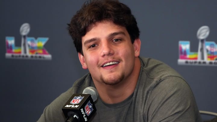Feb 3, 2026; Santa Clara, CA, USA; New England Patriots offensive tackle Will Campbell speaks to the media during Super Bowl LX press conference at Santa Clara Marriott. Mandatory Credit: Kirby Lee-Imagn Images