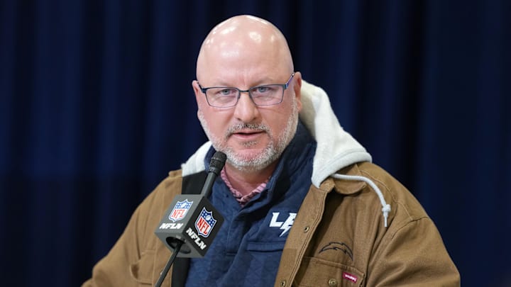 Feb 24, 2026; Indianapolis, IN, USA; Los Angeles Chargers general manager Joe Hortiz speaks at the NFL Scouting Combine at the Indiana Convention Center. Mandatory Credit: Kirby Lee-Imagn Images