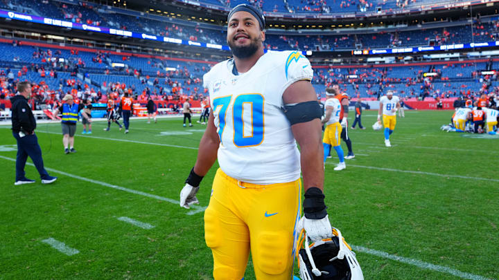 Los Angeles Chargers offensive tackle Rashawn Slater (70) following the win over the Denver Broncos at Empower Field at Mile High. Mandatory Credit: Ron Chenoy-Imagn Images