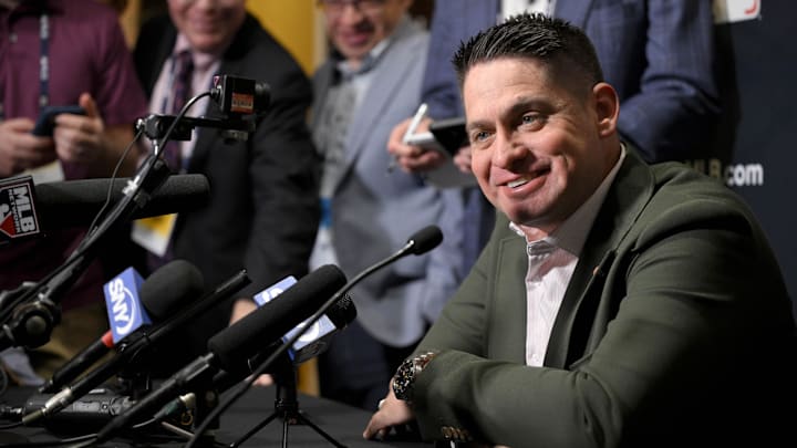 New York Mets manager Carlos Mendoza speaks with the media at the 2024 MLB Winter Meetings.